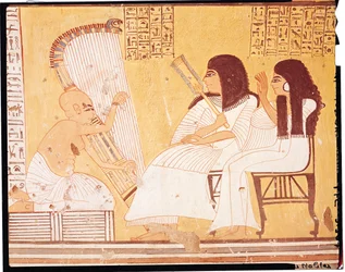 The deceased and his wife listening to a blind harpist, from the Tomb of Ankerkhe, Workmen